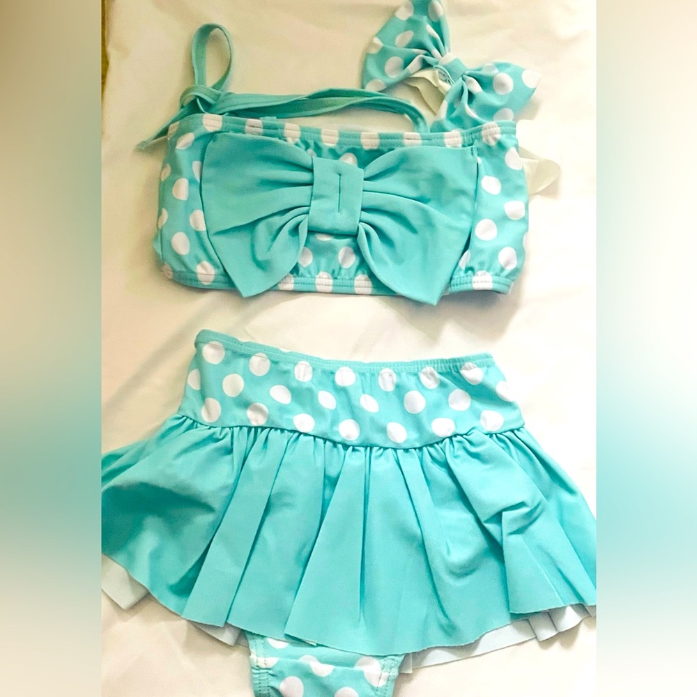 12-18 month two piece bathing suit for baby girl teal white polkadot with bow